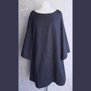 MIRO Black Mini Dress With Capelet Size L Pockets Bell Sleeve Linen Lagenlook